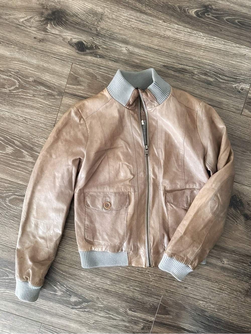 Vintage Banana Republic Light Brown Leather Bomber Jacket with Gray Ribbed Trim